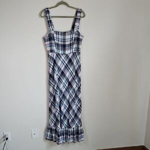 52Seven Linen Blend Maxi Dress blue Pink Plaid Smock Back Ruffle Tier Size 16